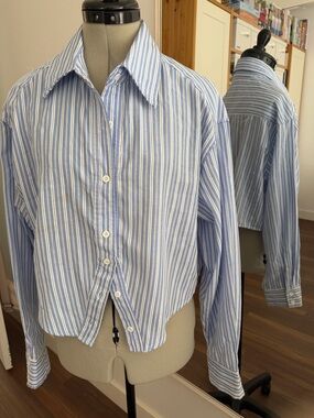 Blue & White Striped Button-Front Semi-Cropped Shirt Size S